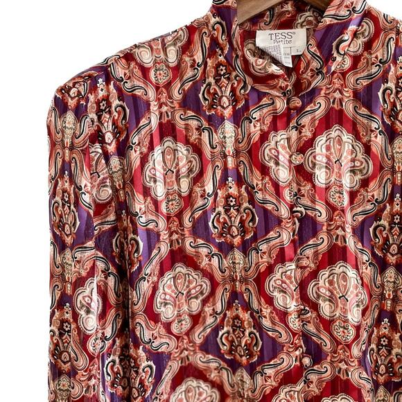 Vintage crinkle pleated collarless metallic medallion print blouse size LP - Picture 3 of 8